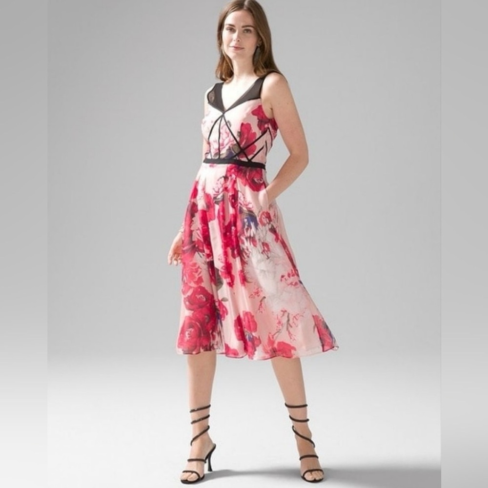 White House Black Market Pink and Black Floral Midi Dress, size 4